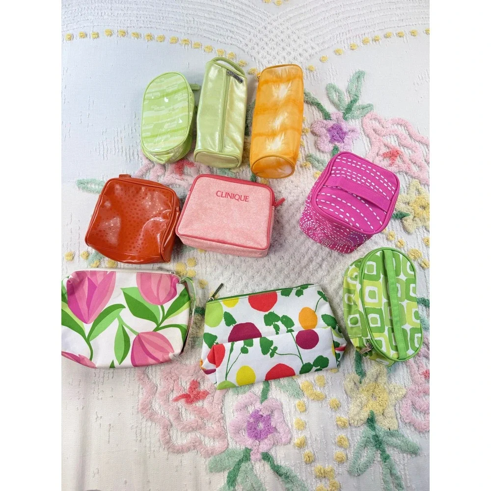 Clinique Makeup Bag Bundle 10pc Cosmetic Pouch Set Floral Geometric Travel Bags